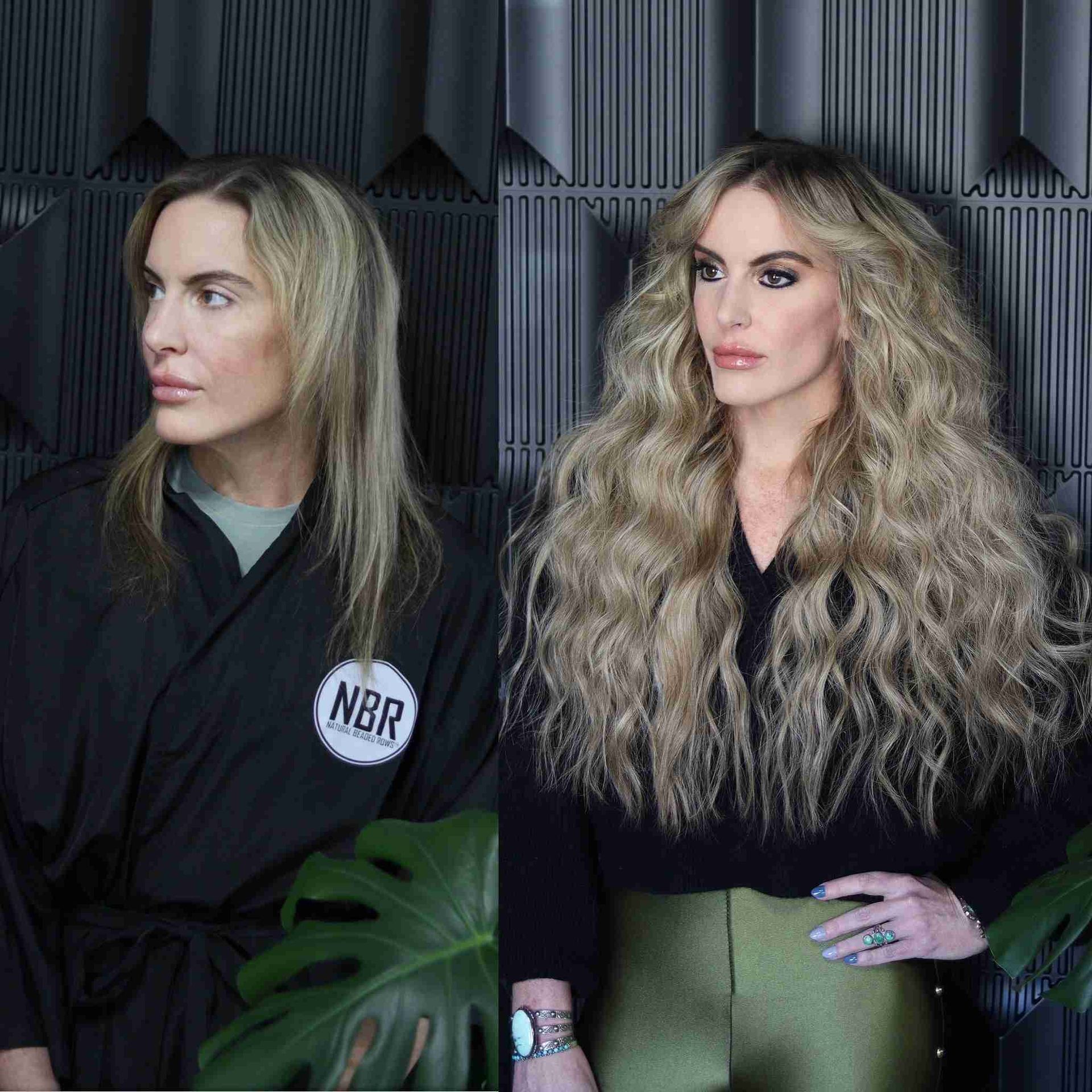 Two women with long blonde hair are standing next to each other.