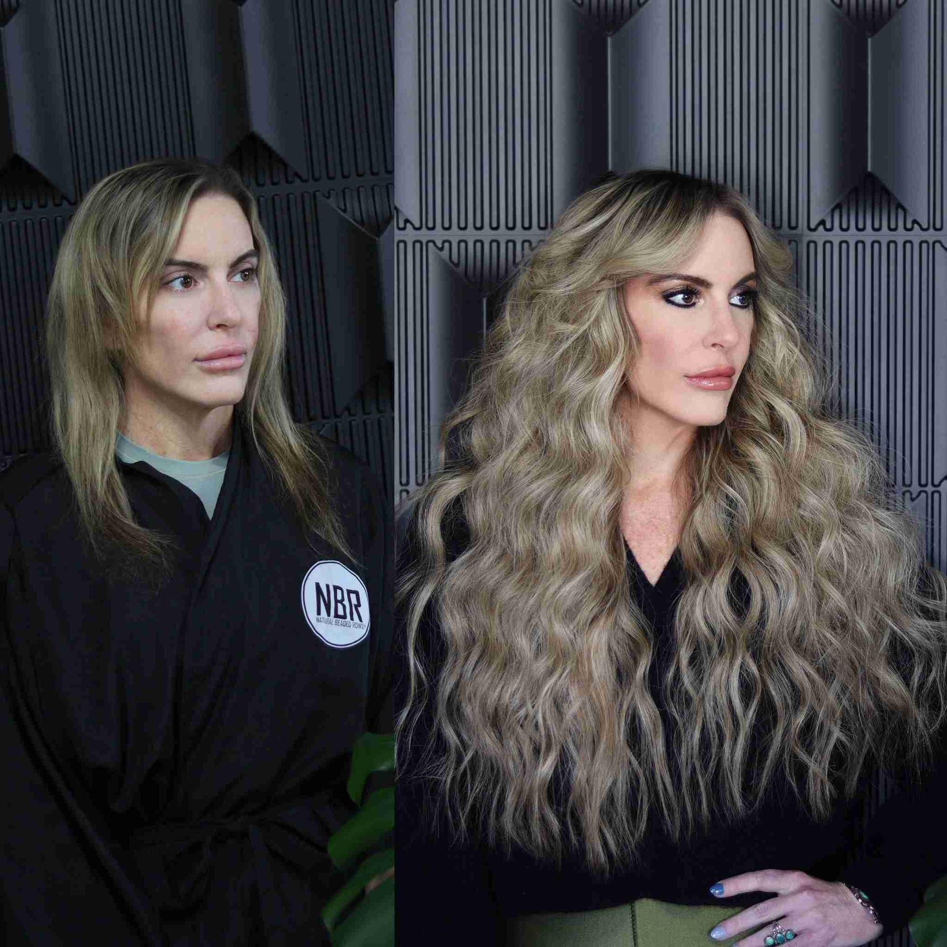 Two women with long blonde hair are standing next to each other.