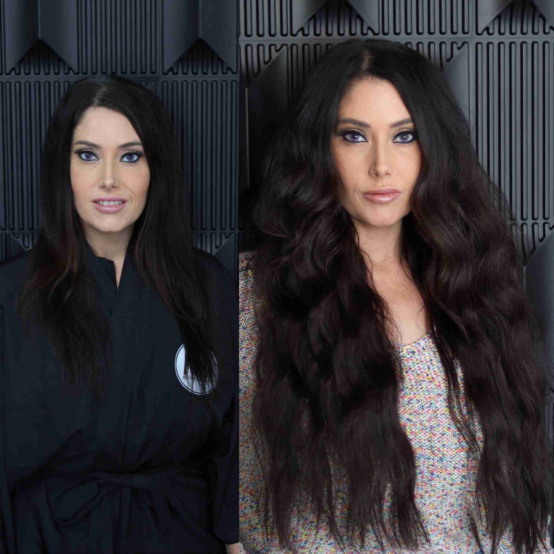 A before and after photo of a woman with long hair.