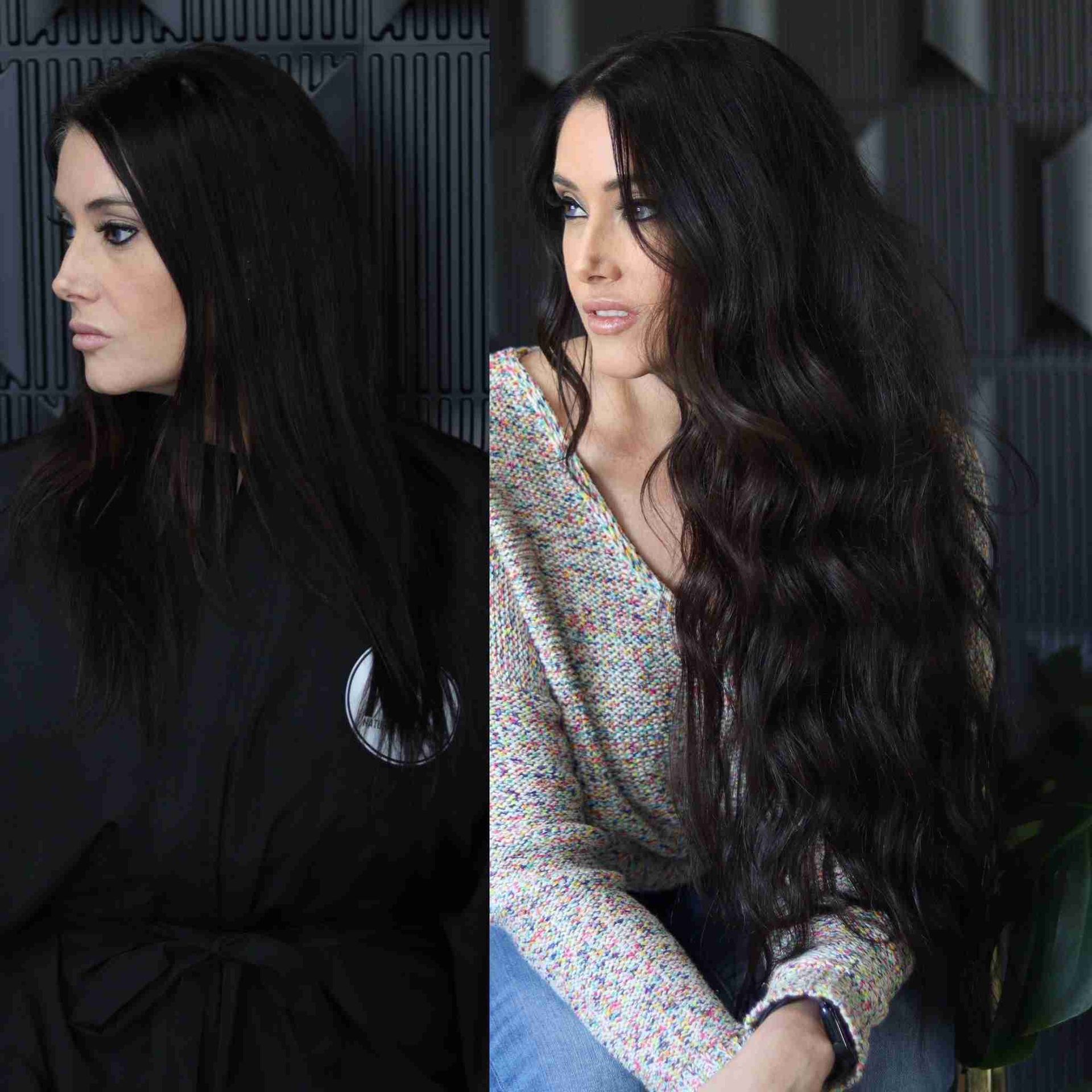 A before and after photo of a woman with long hair.