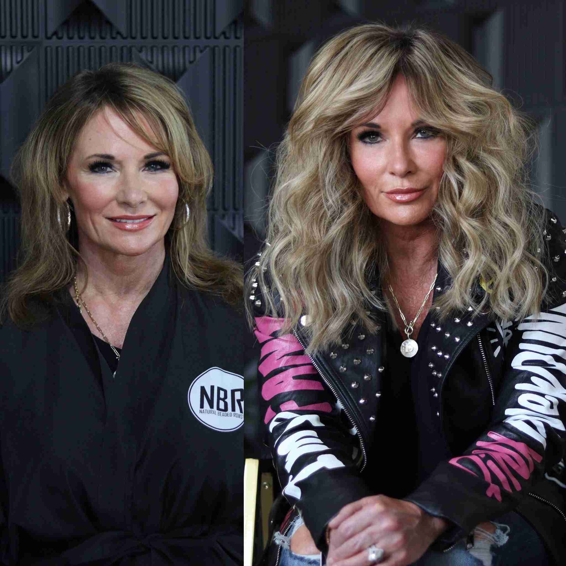 Two women are sitting next to each other wearing leather jackets.