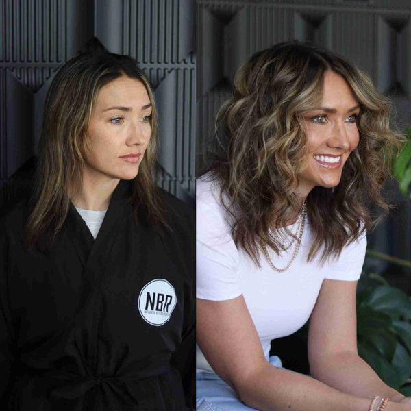 Before and after of a dimensional balayage color transformation at Glam.Is.On